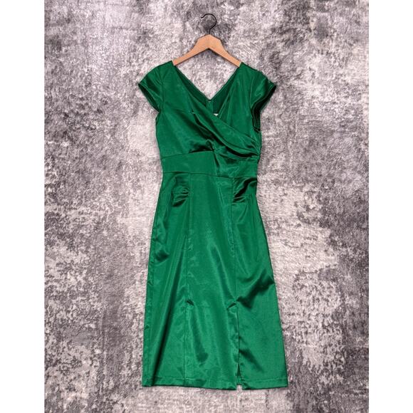 Stop Staring! Dress Medium Womens Green Satin Pinup Sheath Pencil - Picture 1 of 8